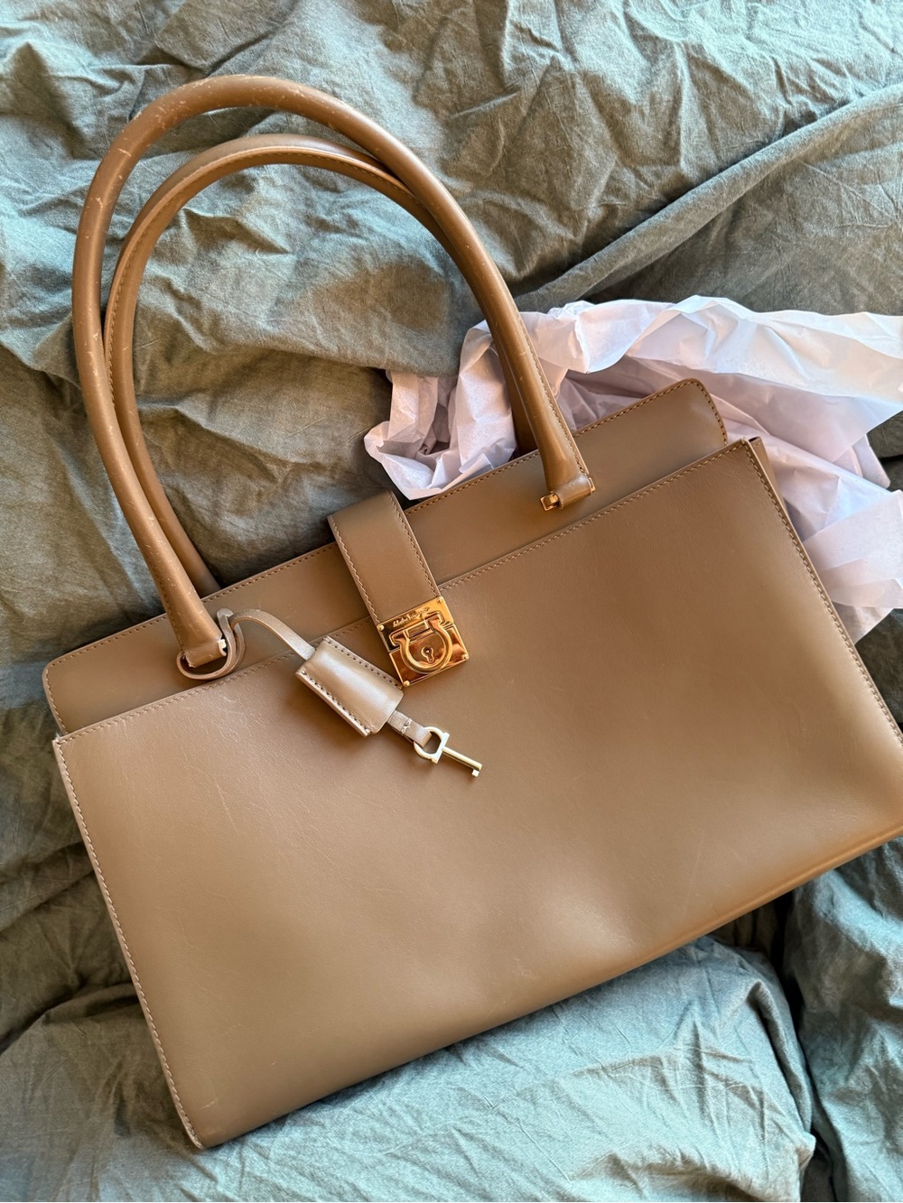 Salvatore Ferragamo Marlene Leather Handle Tote Bag in Beige